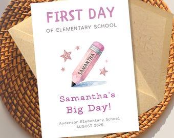 Personalized First Day of Elementary School Card, Back to School Card, Custom Student Name, School Keepsake