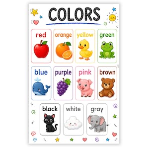 May include: An educational poster titled COLORS featuring twelve rectangular sections. Each section displays a color name and a corresponding illustration: red apple, orange, yellow duck, green frog, blue whale, purple grapes, pink pig, brown bear, black cat, white cloud, and gray elephant.