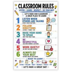 May include: A white educational poster titled CLASSROOM RULES with six numbered points in rainbow colors. It features icons like a pencil, ear, checklist, hand, heart, and book. Text includes LISTEN, LEARN, RESPECT, DO YOUR BEST, and READY TO LEARN.