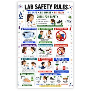 May include: A white educational poster titled LAB SAFETY RULES featuring colorful illustrations and text. It outlines ten numbered safety guidelines for laboratory environments, including wearing goggles, following directions, and washing hands.
