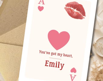 Biglietto d'amore personalizzato, biglietto romantico con nome personalizzato, biglietto d'auguri con bacio civettuolo, biglietto di San Valentino, regalo per fidanzato 5x7