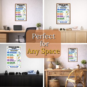 May include: A rectangular educational wall poster titled Problem Solving Steps, featuring five numbered steps: Understand, Plan, Solve, Check, and Explain. The design uses colorful icons and text on a white background to guide through problem-solving.