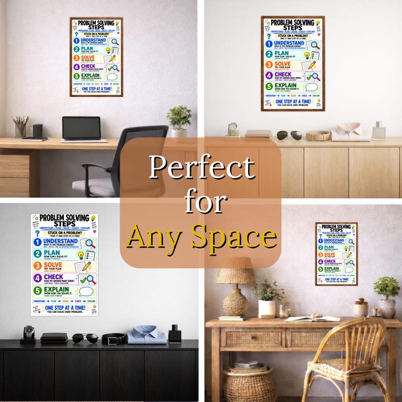 May include: A rectangular educational wall poster titled Problem Solving Steps, featuring five numbered steps: Understand, Plan, Solve, Check, and Explain. The design uses colorful icons and text on a white background to guide through problem-solving.
