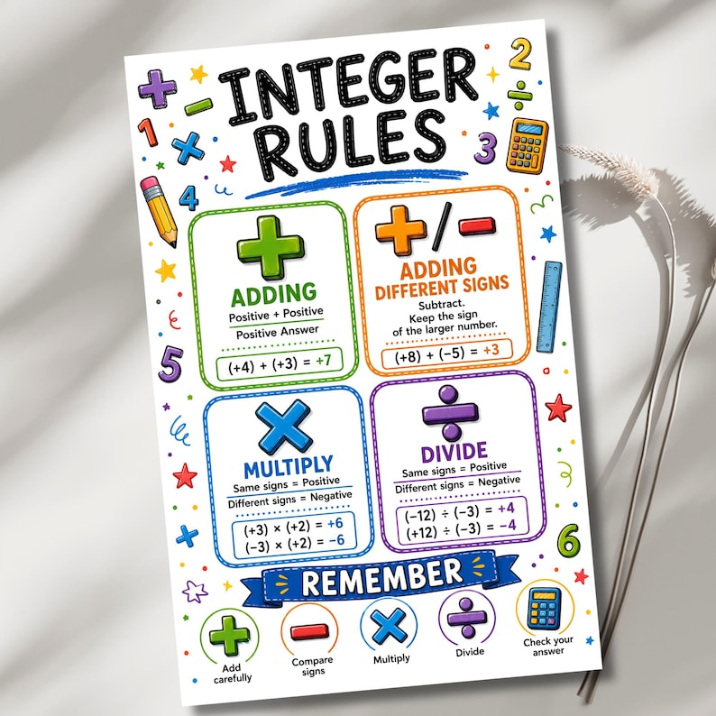 Puede incluir: Un p&oacute;ster educativo titulado Integer Rules con s&iacute;mbolos matem&aacute;ticos, n&uacute;meros y texto coloridos. Muestra cuatro cuadros que explican la suma, resta, multiplicaci&oacute;n y divisi&oacute;n de n&uacute;meros enteros con ejemplos, adem&aacute;s de una secci&oacute;n inferior llamada Remember.