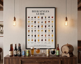 Póster imprimible con guía de estilos de cerveza, arte para la pared para amantes de la cerveza, lámina con tabla de cervezas artesanales, descarga digital, regalo para la decoración del bar en casa, obra de arte para la cueva del hombre.