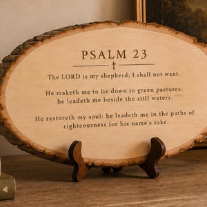 May include: An oval-shaped natural wood slice plaque featuring bark edges and a dark brown wooden display stand. The light-colored wood surface is engraved with the text Psalm 23, including the verse The LORD is my shepherd; I shall not want.
