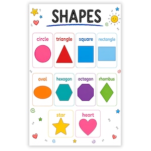 May include: An educational poster titled SHAPES featuring ten colorful geometric figures including a pink circle, red triangle, blue square, light blue rectangle, orange oval, teal hexagon, purple octagon, green rhombus, yellow star, and pink heart.