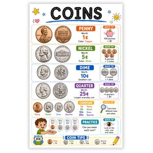 May include: An educational poster titled COINS featuring illustrations of a penny, nickel, dime, and quarter. It displays the front and back of each coin, their monetary values, and quick tips. Includes a cartoon character and a practice section.