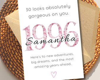 Custom 30th Birthday Card 5x7, Personalized Name Birthday Card for Her, Floral Milestone Birthday Gift, Unique Birthday Keepsake for Women
