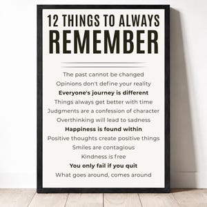 12 Things to Always Remember Framed Wall Art 11x17, Inspirational Quote Poster, Positive Mindset Office Decor, Motivational Wall Art