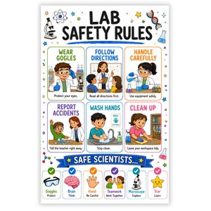 May include: A colorful educational poster titled LAB SAFETY RULES featuring six illustrated panels with instructions like WEAR GOGGLES, FOLLOW DIRECTIONS, HANDLE CAREFULLY, REPORT ACCIDENTS, WASH HANDS, and CLEAN UP, plus a SAFE SCIENTISTS section below.