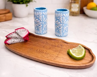 Personalized Tequila Shot Glass Set for Couples, Custom Engraved Wooden Tray and Ceramic Shot Cups, Wedding, Anniversary Gift for Couple