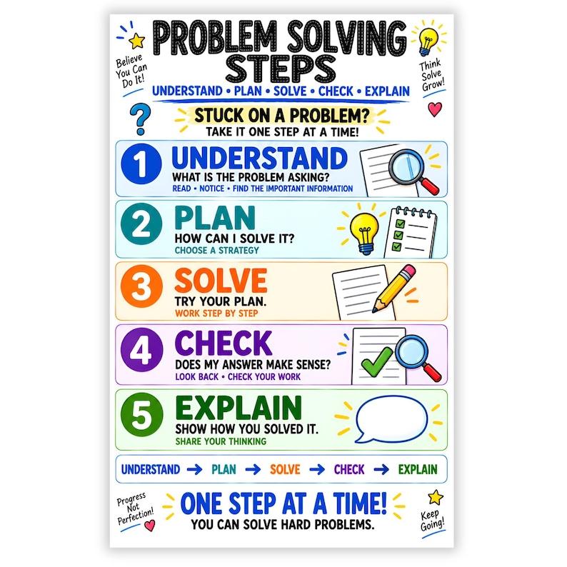 May include: A colorful educational poster titled Problem Solving Steps, featuring five numbered stages: Understand, Plan, Solve, Check, and Explain. Each step includes icons like a magnifying glass, lightbulb, pencil, and checklist on a white background.