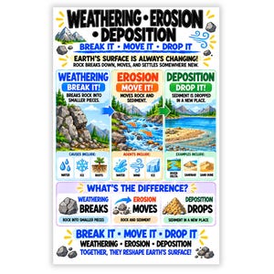 May include: An educational poster titled Weathering, Erosion, Deposition. It features colorful illustrations of rocky landscapes, flowing water, and sediment. Text explains the processes: Break it, Move it, Drop it, with icons for water, ice, and roots.