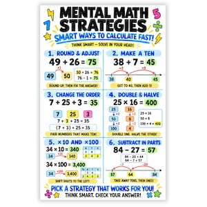 May include: An educational poster titled Mental Math Strategies: Smart Ways to Calculate Fast! featuring six numbered sections with colorful text, mathematical equations, number lines, and place value charts to demonstrate arithmetic techniques.