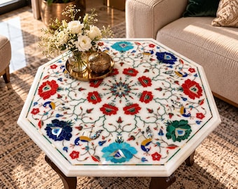 Plateau de table basse en marqueterie de marbre blanc faite à la main, motif floral Pietra Dura (plateau uniquement)