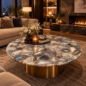Peut inclure: Une table basse ronde dot&eacute;e d'un plateau poli compos&eacute; de tranches de pierre d'agate bleue, blanche et grise. Le plateau repose sur une base cylindrique &agrave; la finition dor&eacute;e m&eacute;tallique, offrant un aspect lisse et r&eacute;fl&eacute;chissant.