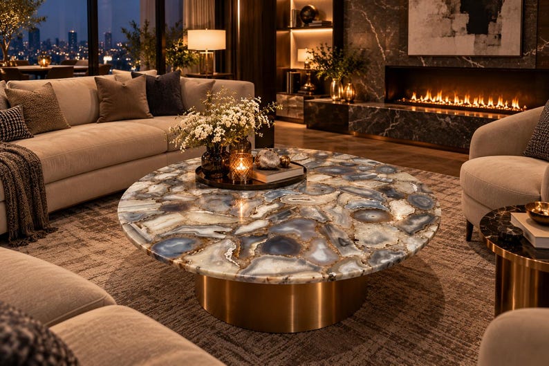 Peut inclure: Une table basse ronde dot&eacute;e d'un plateau poli compos&eacute; de tranches de pierre d'agate bleue, blanche et grise. Le plateau repose sur une base cylindrique &agrave; la finition dor&eacute;e m&eacute;tallique, offrant un aspect lisse et r&eacute;fl&eacute;chissant.