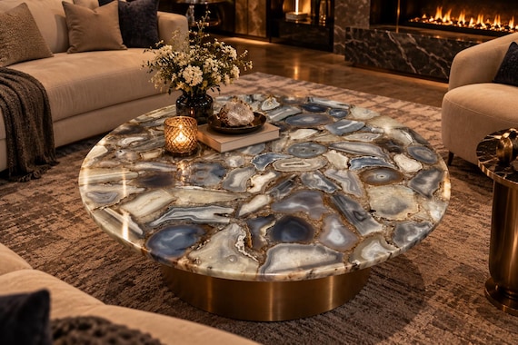Grey Agate Coffee Table Top, Round Natural Stone Tabletop, Statement Coffee Tables, Gemstone Centerpieces