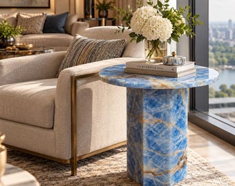 Table basse ronde élégante en onyx bleu - Design unique en pierre naturelle
