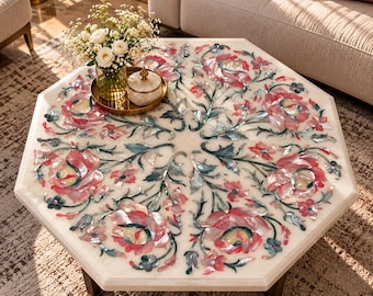 Plateau de table basse en marbre blanc fait main, incrustation Pietra Dura, table d'appoint en pierre (plateau uniquement)
