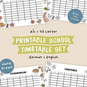 May include: A printable school timetable set featuring A4 and US Letter sizes in German and English. The documents include hand-drawn illustrations of rabbits, hedgehogs, snails, mushrooms, and flowers. The set includes 6 PDF files.