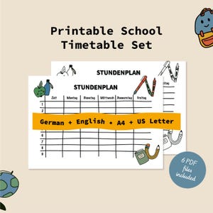 May include: Printable school timetable set featuring two white sheets with a black grid, titled "STUNDENPLAN". The sheets include illustrations of school supplies and text in German and English. A blue circle indicates "6 PDF files included".