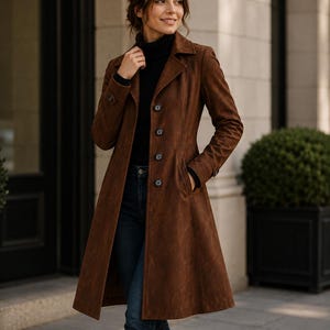 May include: A brown suede coat with a classic design. The coat features a notched collar, button closure, and pockets. The long coat is knee-length and is worn with a black turtleneck and blue jeans.