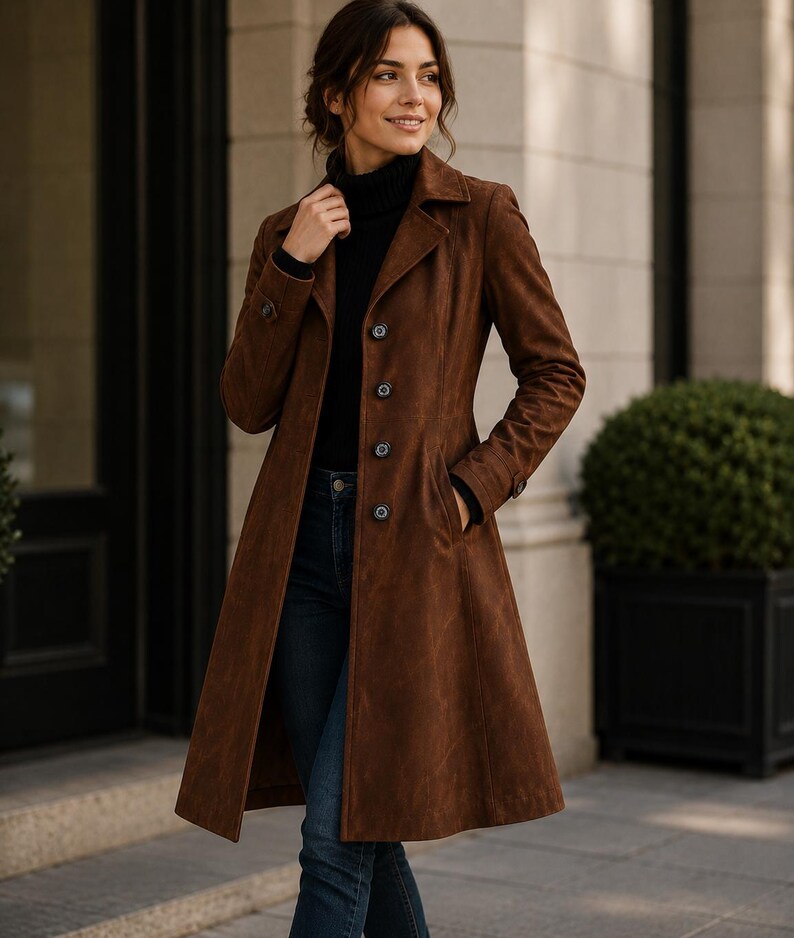 May include: A brown suede coat with a classic design. The coat features a notched collar, button closure, and pockets. The long coat is knee-length and is worn with a black turtleneck and blue jeans.