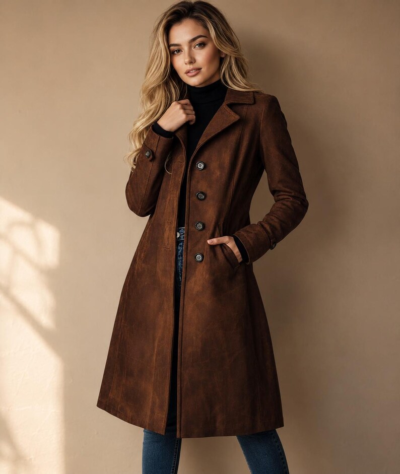 May include: A brown suede coat with a classic design. The coat features a notched collar, button-down closure, and pockets. The coat is knee-length and has a tailored fit. The model is wearing a black turtleneck and blue jeans.