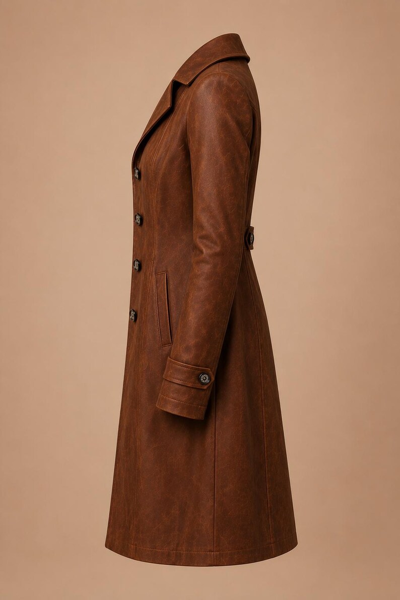May include: A brown leather trench coat with a notched collar, button closures, and a belted waist. The coat has long sleeves with buttoned cuffs and a knee-length hem. The coat is made of a textured leather material.
