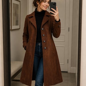 May include: A long, brown suede coat with a button-up front and a collared neckline. The coat is knee-length and worn over a black turtleneck and blue jeans. The coat has a classic, tailored design.