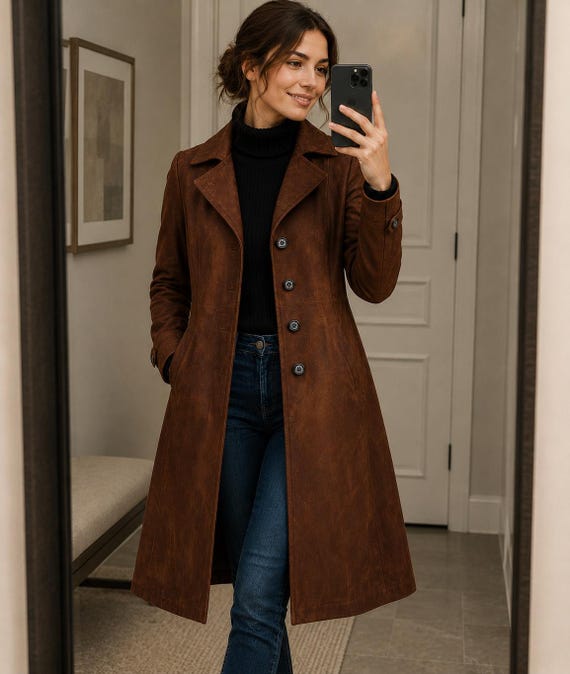 Suede Trench Coat Women Vintage Brown Leather Overcoat Long Handmade Western Style Winter Coat