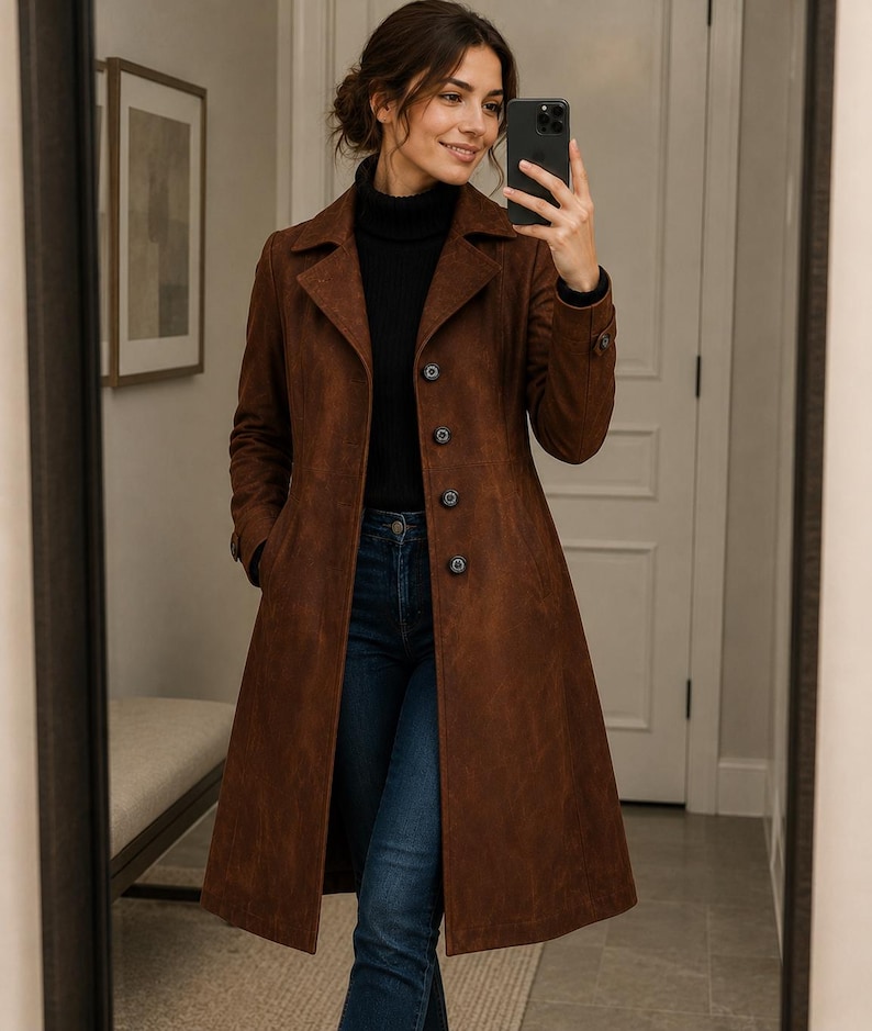 May include: A long, brown suede coat with a button-up front and a collared neckline. The coat is knee-length and worn over a black turtleneck and blue jeans. The coat has a classic, tailored design.