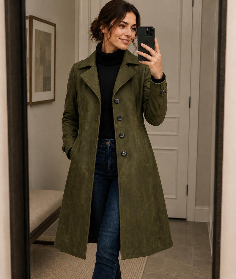 May include: An olive green coat with a classic lapel collar and button-down front. The long coat is paired with a black turtleneck and blue jeans. The woman is holding a black smartphone.