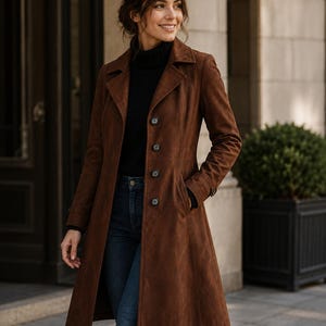 May include: A brown suede coat with a classic lapel collar and button closure. The coat is knee-length and has pockets. The person is wearing a black turtleneck and blue jeans. The coat is a rich, warm brown color.