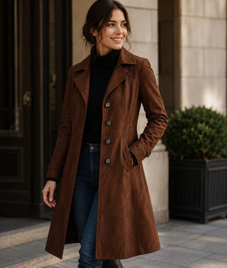 May include: A brown suede coat with a classic lapel collar and button closure. The coat is knee-length and has pockets. The person is wearing a black turtleneck and blue jeans. The coat is a rich, warm brown color.