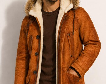 Men's Sheepskin Shearling Coat, Handmade Suede Leather Parka Jacket, Luxury Long Winter Coat