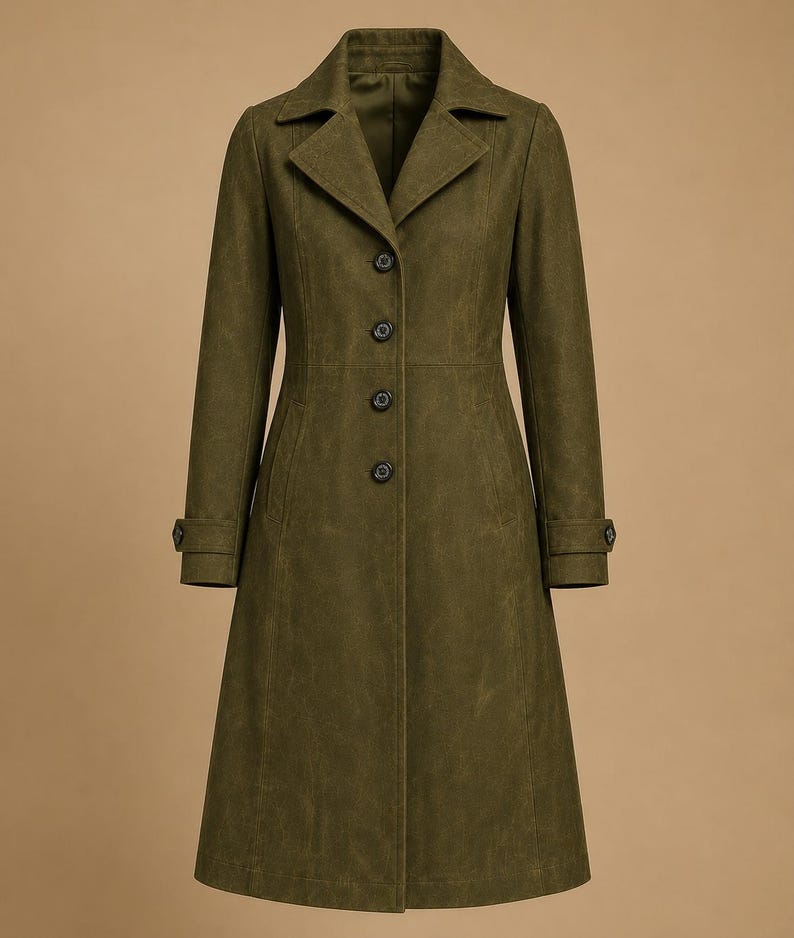 May include: Olive green long coat with a notched collar, button closure, and long sleeves. The coat features a tailored fit and a classic design, suitable for various occasions. The coat has a length that extends to the mid-calf.