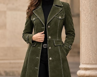 Women’s Suede Leather Trench Coat, Victorian Boho Duster Jacket, Vintage Gothic Women’s Outerwear