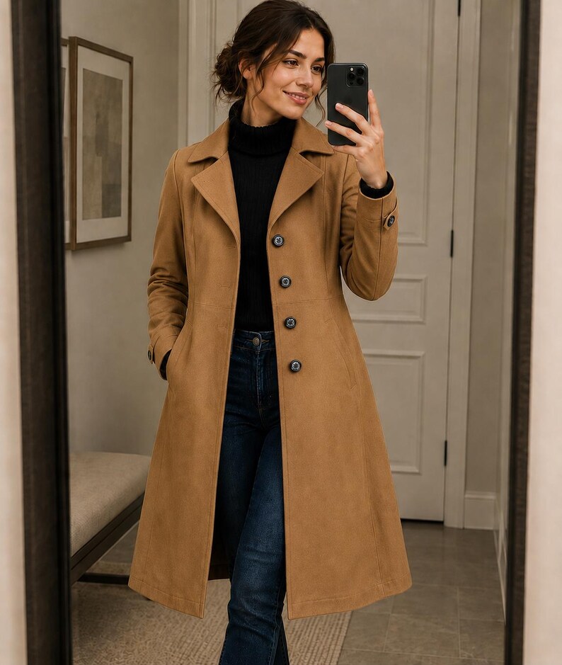 May include: A tan, long coat with a classic design. The coat features a notched collar, button closure, and pockets. The coat is worn over a black turtleneck and blue jeans. The coat appears to be made of a soft, suede-like material.