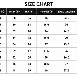 May include: A size chart with measurements in inches for bust, waist, hip, shoulder, sleeve length, and coat length. Sizes range from XS to 5XL, with corresponding measurements for each size. The chart is labeled "SIZE CHART".