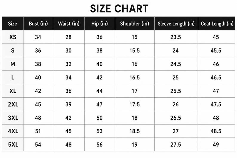 May include: A size chart with measurements in inches for bust, waist, hip, shoulder, sleeve length, and coat length. Sizes range from XS to 5XL, with corresponding measurements for each size. The chart is labeled "SIZE CHART".