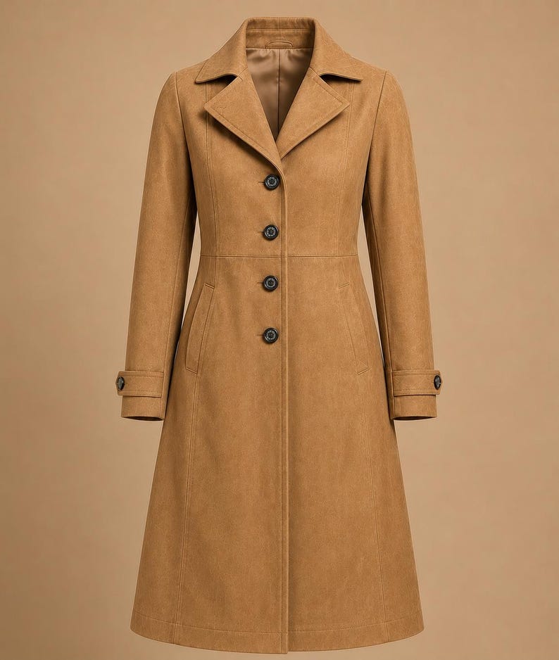 May include: A tan-colored coat with a classic design. The coat features a notched collar, four black buttons down the front, and two pockets. The long sleeves have buttoned cuffs. The coat is made of a soft, textured material.