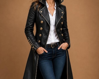 Women Black Leather Trench Coat, Long Double Breasted Military coat, Gothic Vintage Outerwear