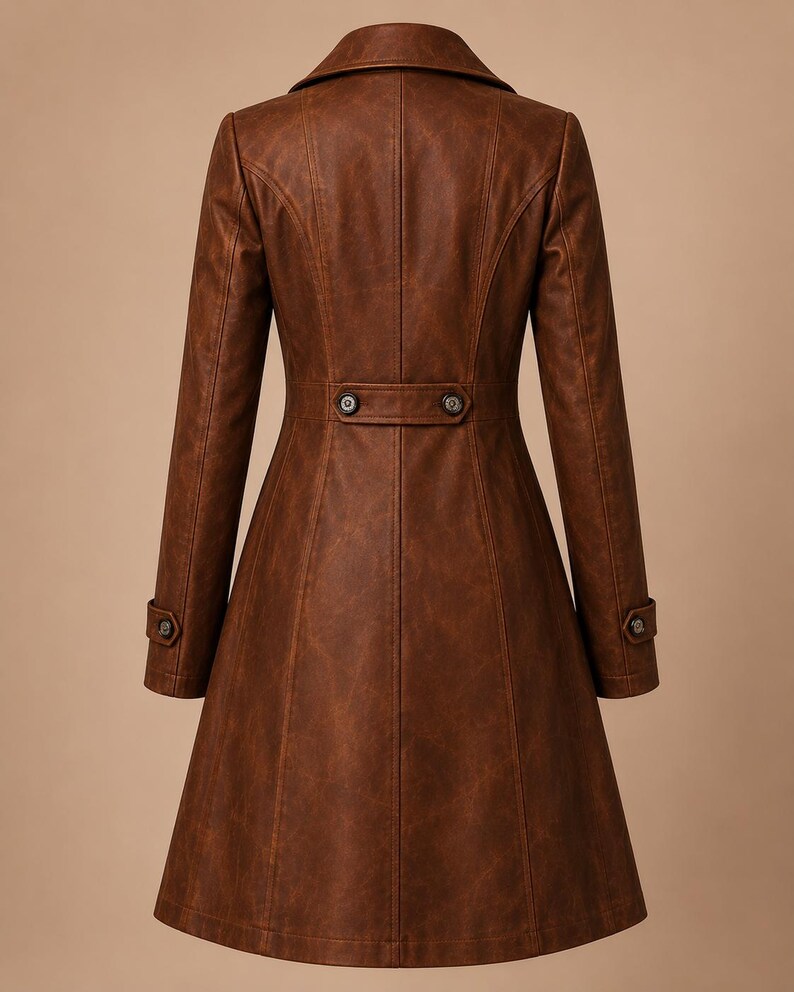 May include: A brown, faux leather coat with a classic design. The coat features a notched collar, long sleeves, and a button closure at the waist. The coat has a flared skirt and button details on the sleeves.