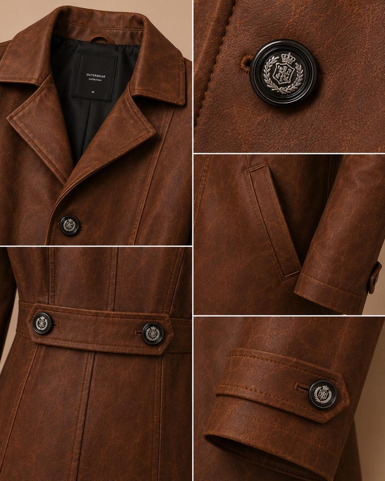May include: A brown leather coat with a classic design. The coat features a notched collar, button closures, and a belt detail at the waist. The buttons have a decorative emblem. The coat has a tailored fit and is made of a textured leather material.