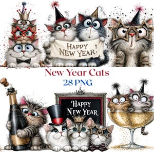 May include: A collection of illustrations featuring cartoon cats celebrating with party hats, star-shaped glasses, and bow ties. The images include cats holding a banner that reads Happy New Year, a champagne bottle, and a sign saying Happy New Year.