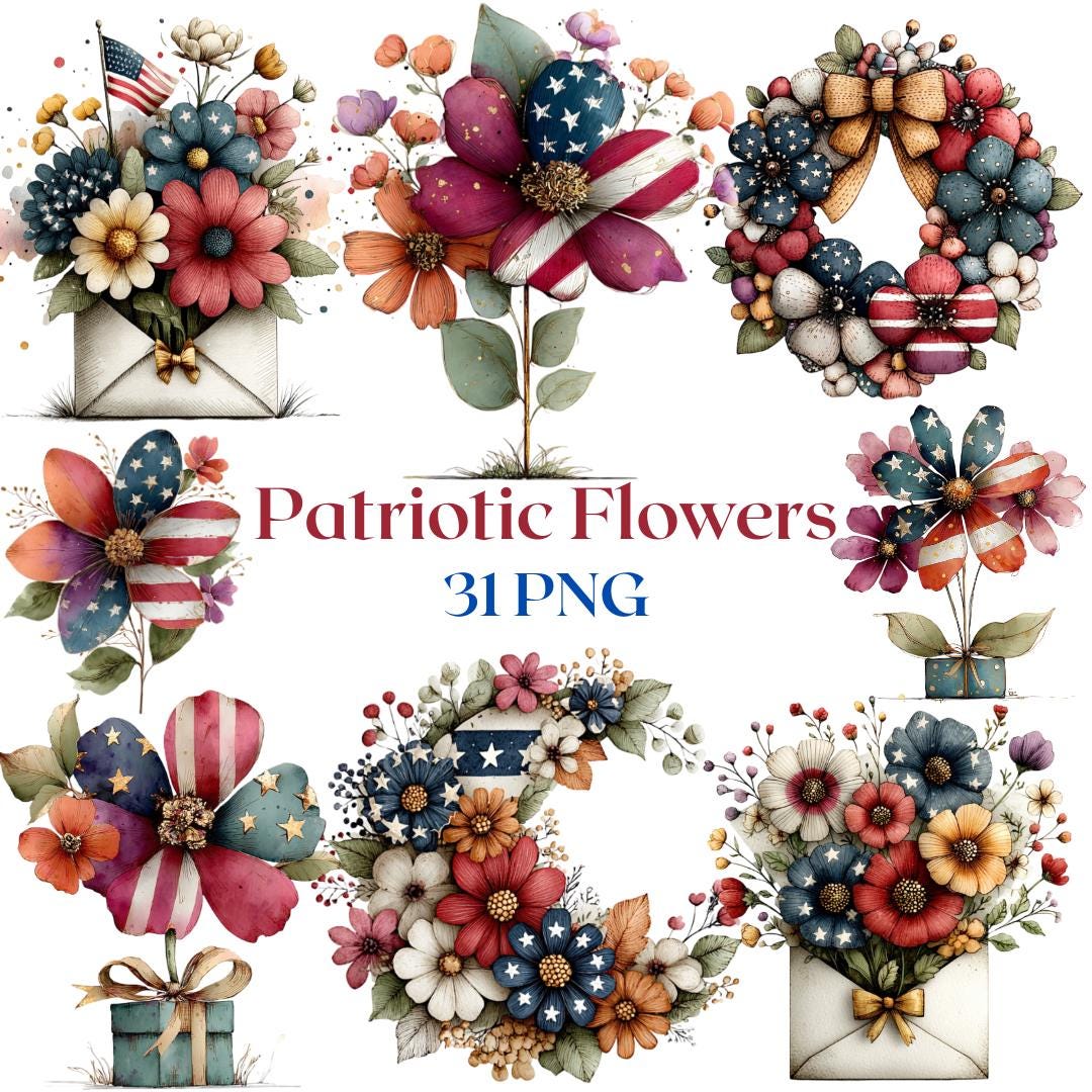 Patriotic Flowers Clipart Bundle, Watercolor Whimsical Independence Day ...
