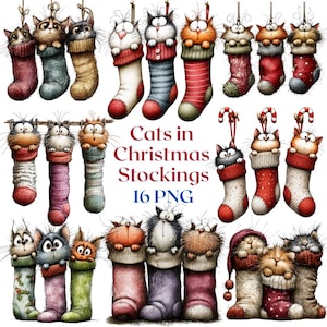 Peut inclure: Une collection de 16 illustrations numériques représentant des chats de dessin animé sortant de diverses chaussettes de Noël colorées. Le texte Cats in Christmas Stockings 16 PNG est centré parmi les illustrations de chats dans des chaussettes rouges, vertes et rayées.